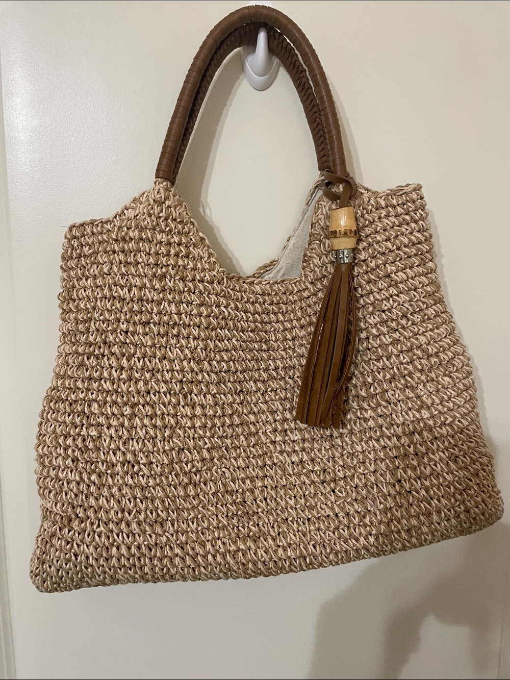 Tommy Bahama Beige Woven Straw Tote with Brown Leather Handles